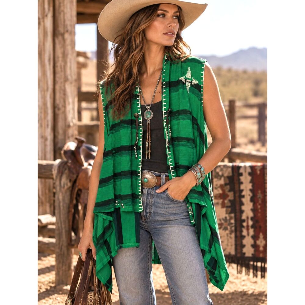 Double D Ranch Nakoma Ranchers Vest M Green Southwestern Embroidered Western